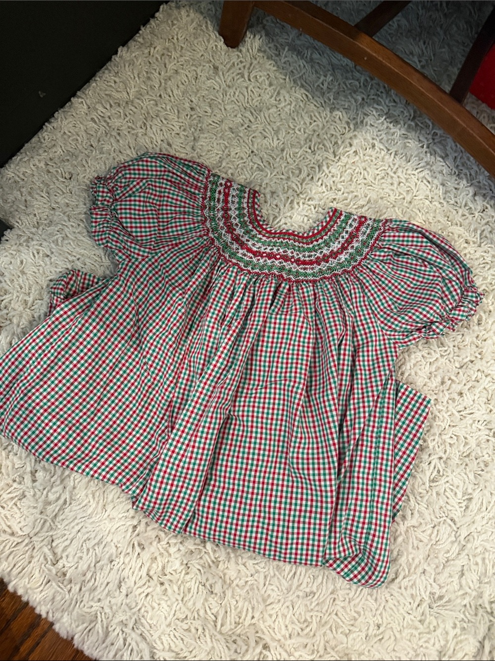 Girls' Plaid Smocked Short-Sleeve Top in Red, Green, and White